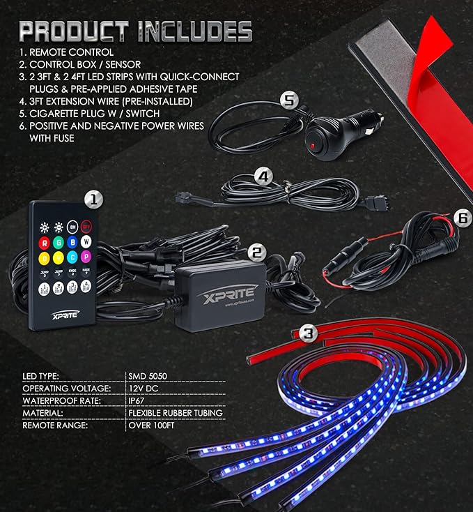Xprite Car Underglow Neon Accent Strip Lights, 4Pcs RGB 252 LEDs Underglow Kit with Sound Active Function Music Mode & Wireless Remote, Exterior Car Lights Underbody Lighting for Car Van SUV Truck