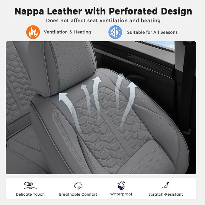 Huidasource Gray Car Seat Covers Full Set, Full Coverage Nappa Leather Seat Cover, Front and Back Seat Covers 5 Seats Universal Fit for Most Cars SUV Trucks, Car Seat Cushion Protector
