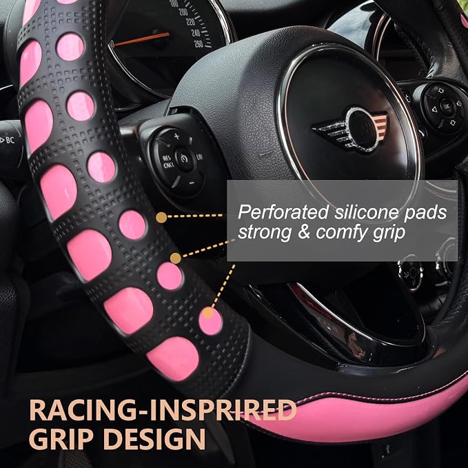 PINCTROT Race Grip Steering Wheel Cover, Anti Slip Silicone Perforated Design with Soft Touch Padding, Enhanced Grip for Sporty Driving 14.5-15 Inch (Racing Pink)