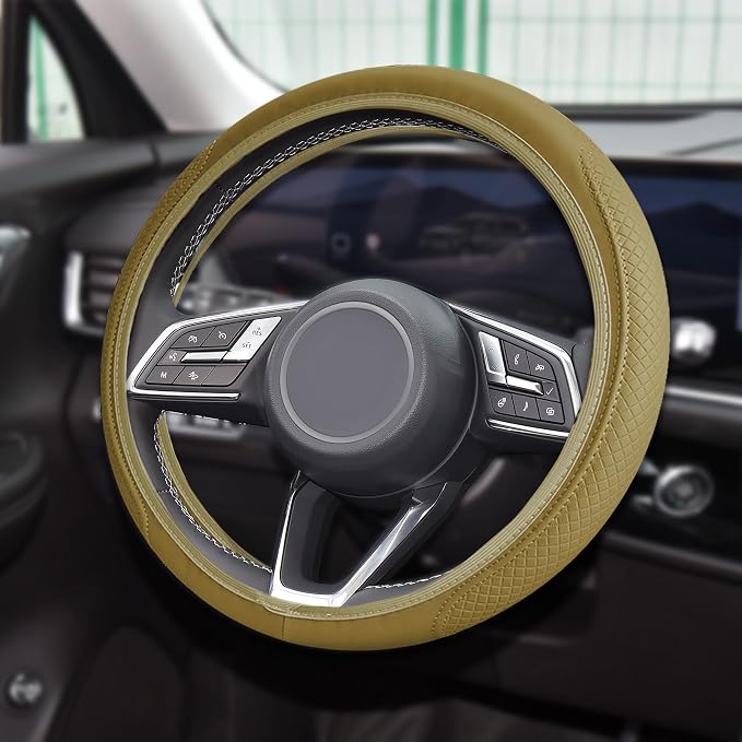 Car Steering Wheel Cover, Universal 14.5-15 Inch Beige Leather Steering Wheel Wrap with Better Sport Grip for Men Women, Anti-Slip Breathable Car Interior Accessories for Most Vehicles (Beige2)