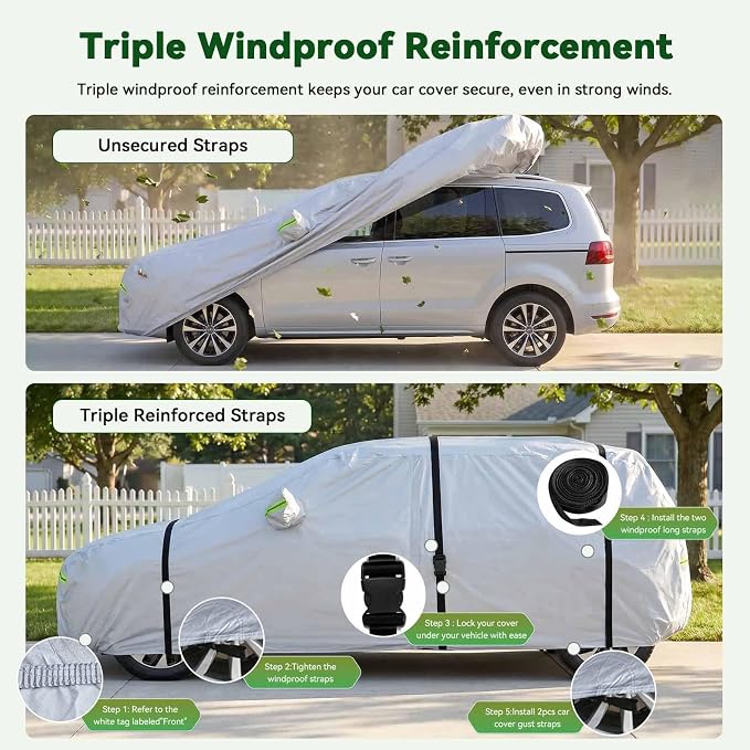 AUQDD 6-Layers Premium MPV Car Cover Waterproof All Weather Weatherproof UV Sun Protection Snow Dust Storm Resistant Outdoor Exterior Custom Form-Fit Full Padded Car Cover with Straps 199"-210" K17