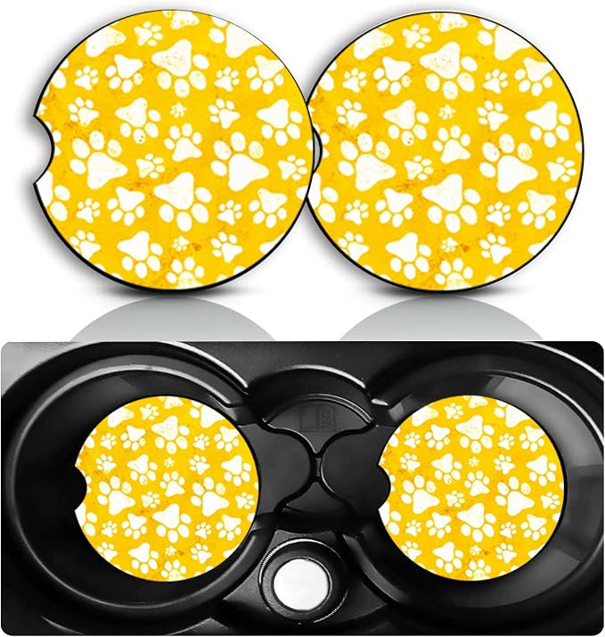Dog Paw Car Cup Holder Coasters Set of 2 – Fun Dog Car Accessories 2.75" Universal Size Anti Slip Rubber Mat Recessed Auto Insert Coasters Decor Dogs Loves Gifts for Women Men Dad Grandpa