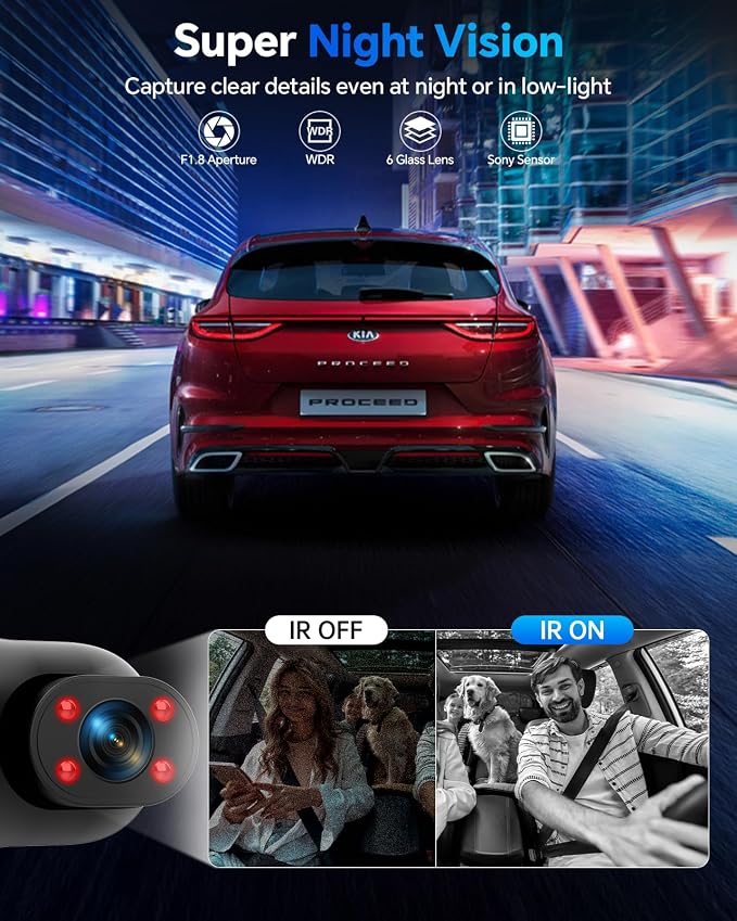 Dash Cam Front and Rear Inside 3 Channel, 1080P Dashcam with 64GB Card | Dash Camera for Cars with 24H Parking Monitor, Super Night Vision, Loop Recording, G-Sensor, WDR, 2.3" Screen for Taxi