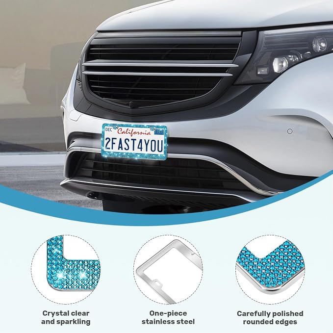 QUANQIUFEI 2 Pack Bling License Plate Frames, Sparkly Rhinestone Diamond Car License Plate Cover for Women, Stainless Steel Car Accessories with Glitter Crystal Caps (Blue Zircon)