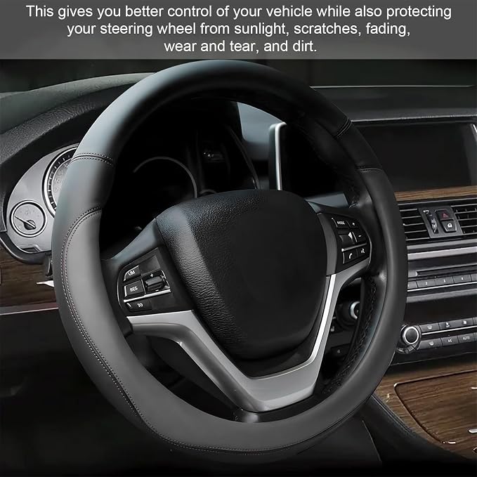 Leather Steering Wheel Cover, Anti-Slip Full Surround Car Wheel Protector with Comfortable Grip, Universal Elastic Decorative Cover Fit for 14 1/2-15 Inch Steering Wheels (Gray)