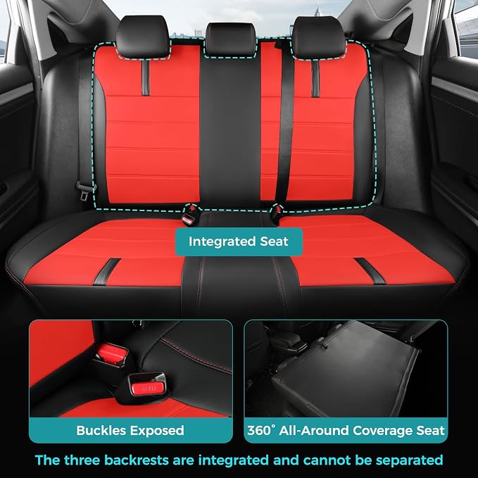 Seat Covers for Honda Civic Sedan LX 2016 2017 2018 2019 2020 2021, Faux Leather Car Seats Cover Full Set Waterproof, Black Red (Solid Rear Seatback - No Rear Armrest)