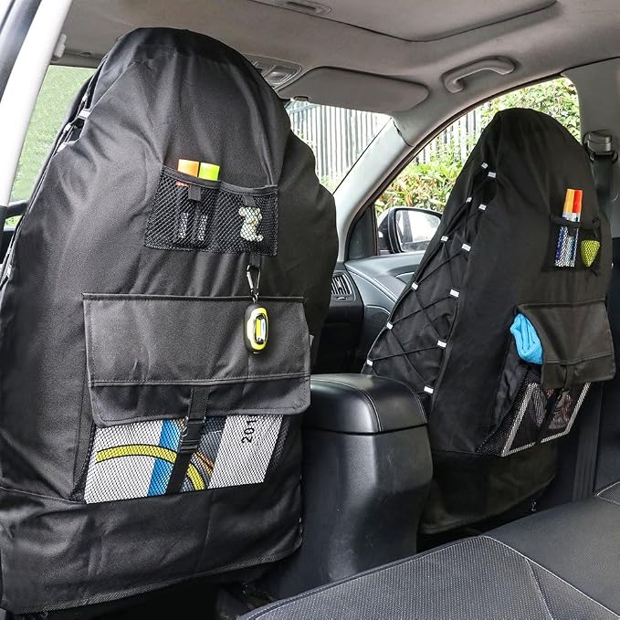 TIROL Waterproof Front Seat Covers High Back Seat Cover Bucket Seat Covers with Multi-Pockets for Semi Truck Cars Van SUV Pickup (2PCS)