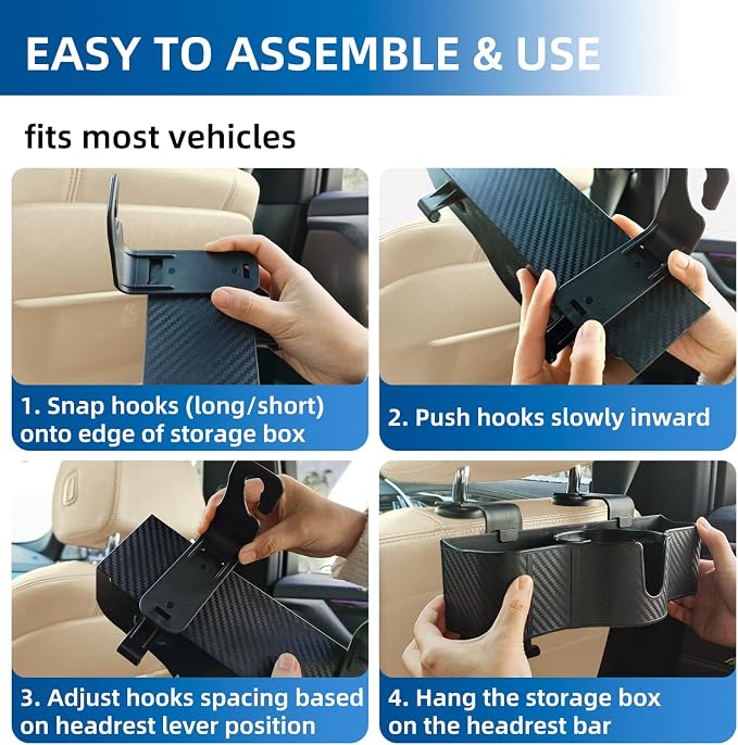OUSHASAA 3-in-1 Car Headrest Organizer with 3.7" Cup Holder & Hooks-2PC | Backseat Cup Holder for Car, Multifunctional Car Travel Storage, Fits Most Cars & SUVs, Easy Installation