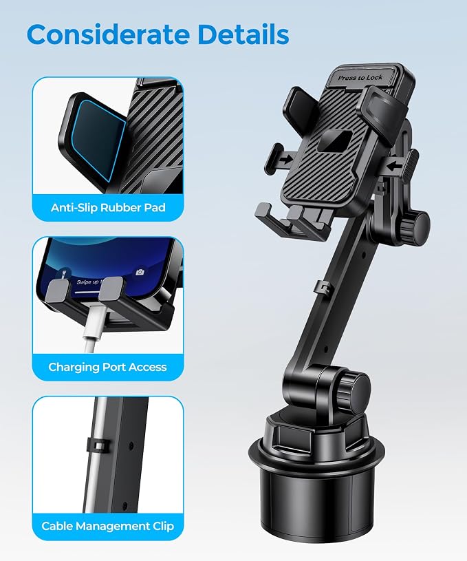 Cup Holder Phone Mount for Car,Adjustable Cup Mount Fits 4-7.2"Smartphones | Cup Holder Phone Mount for Car,Adjustable Cup Base 2.55"-3.66",Fits 4-7.2" iPhone & Android Phones,Stable for Cars SUV Trucks