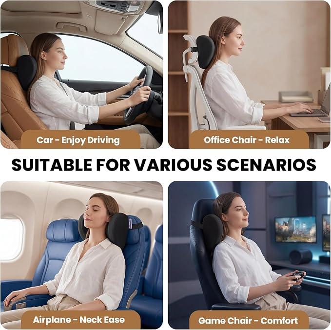 ZZ-WELL Car Headrest Pillow, Car Neck Pillow for Neck Pain Relief with Adjustable Strap, Memory Foam & Breathable Removable Cover, Travel Car Neck Pillow for Pain Relief While Driving (Black, 1Pack)