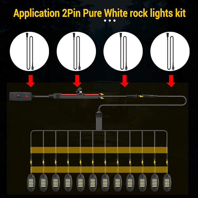 Hovano 4 PCS 60 inch/150cm 2Pin Pure White LED Rock Lights Kit Extension Wire Cable Cord 6/8/12/16/20Pods White Rock Light Kit, Underglow Neon Lights for Trailer Off Road SUV Car
