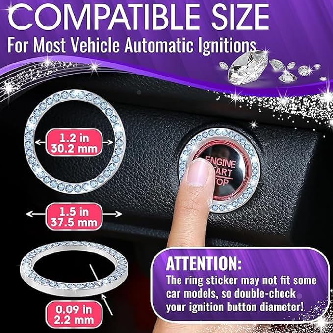Bling Car Decor Crystal Rhinestone Car Bling Ring Emblem Sticker, Bling Car Accessories for Auto Start Engine Ignition Button Key & Knobs, Bling for Car Interior, Unique Gift for Women (Pink)