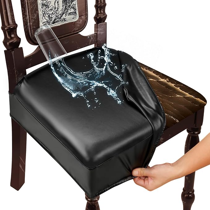 Waterproof Dining Chair Seat Covers Leather Kitchen Seat Covers, Stain Resistant Stretch Chair Seat Covers for Dining Room Chairs Set of 8, Rear Covered Washable Dining Chair Covers Black