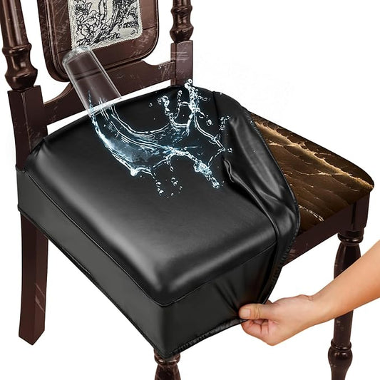 Waterproof Dining Chair Seat Covers Leather Kitchen Seat Covers, Stain Resistant Stretch Chair Seat Covers for Dining Room Chairs Set of 6, Rear Covered Washable Dining Chair Covers Black