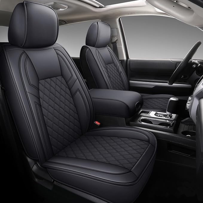 Coverado Front Seat Covers for Toyota Tundra 2007-2021, Leather Car Seat Covers Compatible with Crew, CrewMax, Extended, and Double Cab, Black Automotive Seat Covers for Trucks