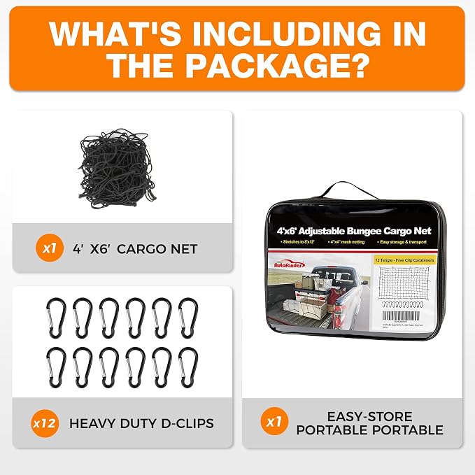 Cargo Net 4’x6’ Truck Bed Bungee Mesh 12 Carabiners | Stretches to 8’x12’, tangle-free hooks, storage bag included, pickup truck SUV trailer compatible, universal bed accessories