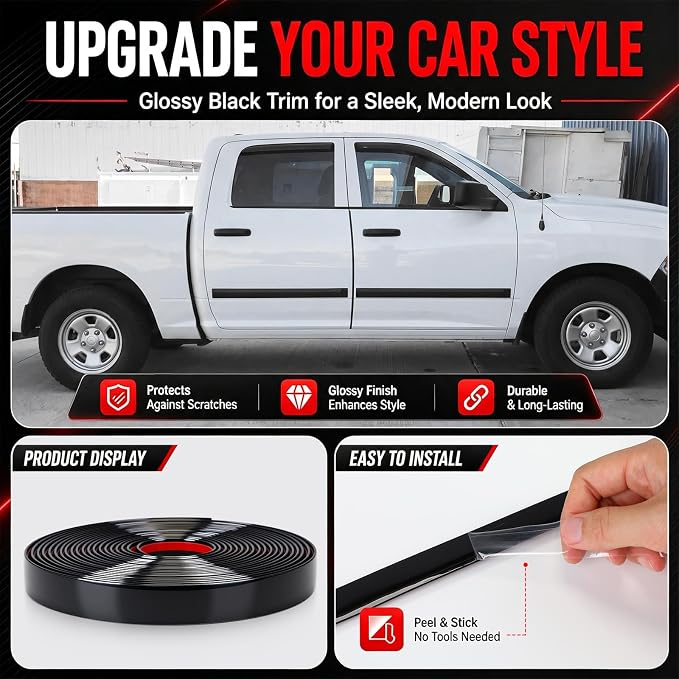 Pangda Glossy Black Body Side Molding Trim 3/4 Inch Wide Universal Car Bumper Door Edge Protector 20 Feet Self Adhesive Automotive Guard for Trucks SUVs Marine Crafts and DIY Home Furniture