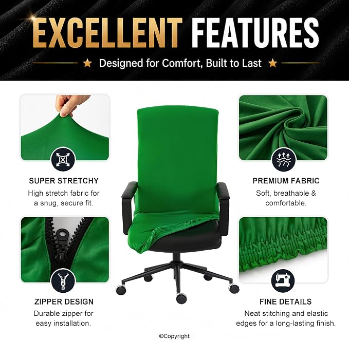 Stretch Computer Office Chair Cover with Durable Zipper - Universal Washable Removable Spandex Rotating Boss Chair Slipcovers - Anti-dust Soft Desk Chair Seat Protector for Dogs, Cats, Pets - Green