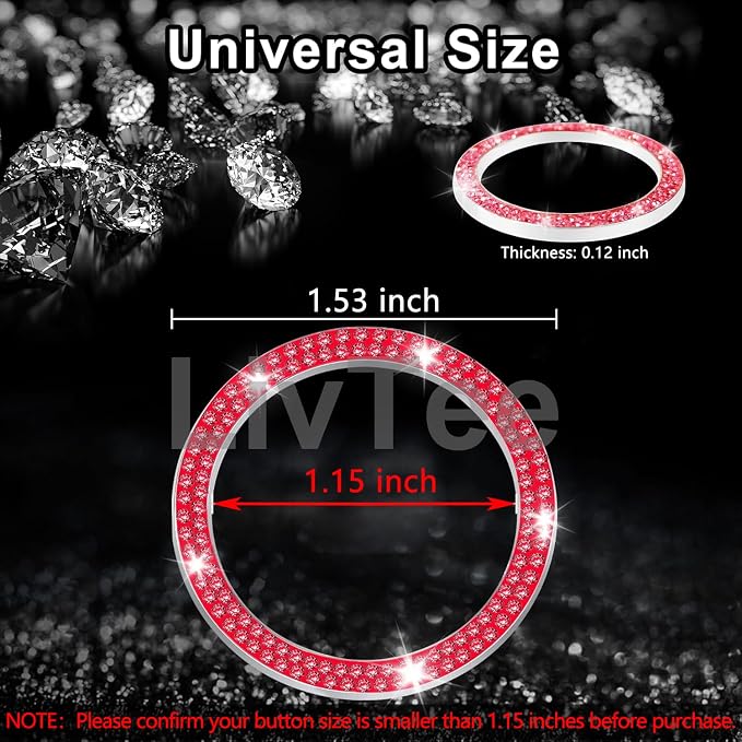 LivTee 2 PCS Crystal Double Rhinestone Car Engine Start Stop Decoration Ring, Bling Car Interior Accessories for Women, Push to Start Button Cover Sticker, Automotive Decals, Red