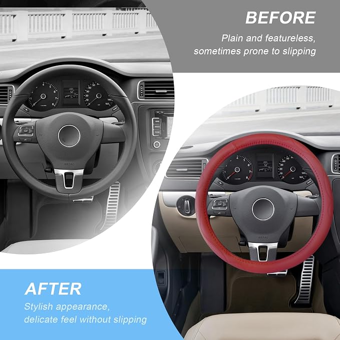 15 Inch Leather Steering Wheel Cover, Breathable Anti-Slip Steering Wheel Protector Cover, Elastic Soft Comfortable Universal Wheel Cover for Men and Women, Car Accessories (Wine Red)