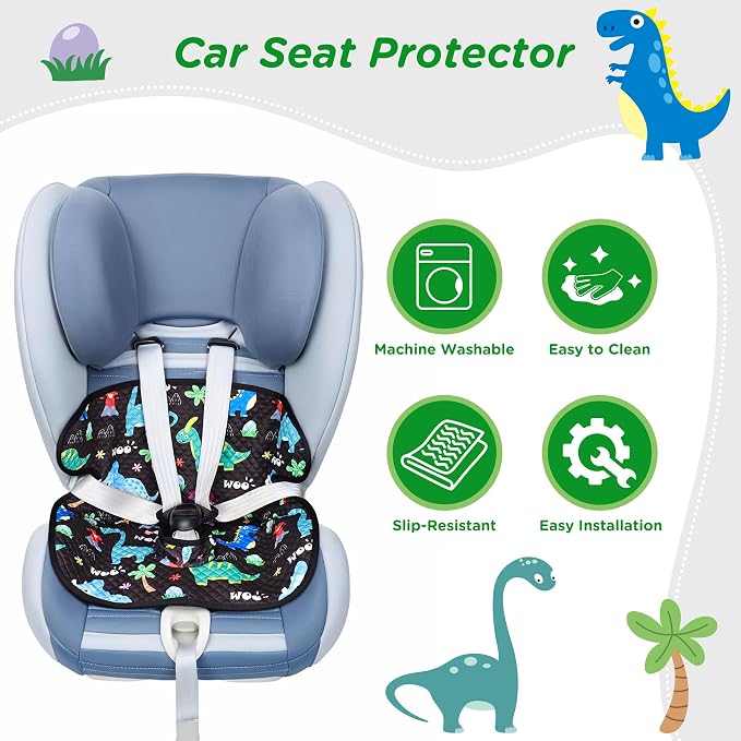 2P Car Seat Protector for Potty Training | Waterproof Toddler | 360°leak-proof + non-slip | Fits car seats, strollers, high chairs |toddler travel | Black/Dinosaur | Machine washable