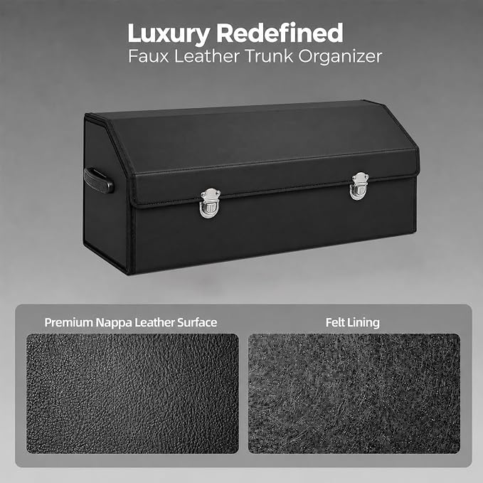 Car Trunk Organizer with Lid, Foldable Faux Leather Storage Box | Foldable design, faux leather exterior, 3 compartments