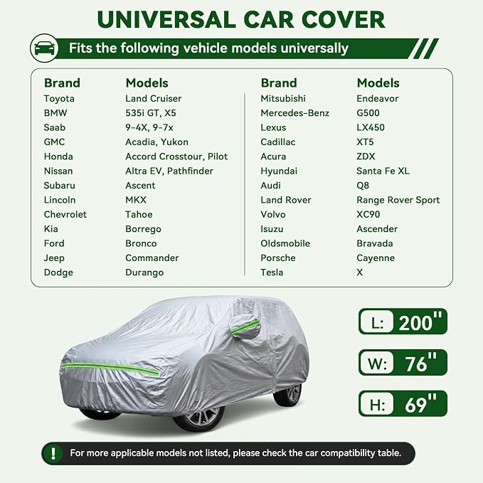 AUQDD 6-Layers Premium SUV Car Cover Waterproof All Weather Weatherproof UV Sun Protection Snow Dust Storm Resistant Outdoor Exterior Custom Form-Fit Full Padded Car Cover with Straps 188"-200" K8