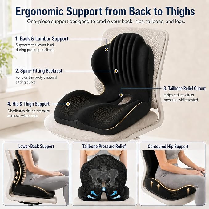 Ergonomic Car Seat Cushion with Lumbar Support, Pressure-Responsive Memory Foam, Enhanced Pelvic Stability for Pressure Relief, Ideal for Long Driving, Office & Home (Deep Black)