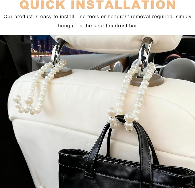Elegant Pearl Car Seat Headrest Hook, Cute Pearl Car Seat Back Hook Storage Organizer, Exquisite Headrest Hanger Purse Holder Interior Decoration for Women Girls