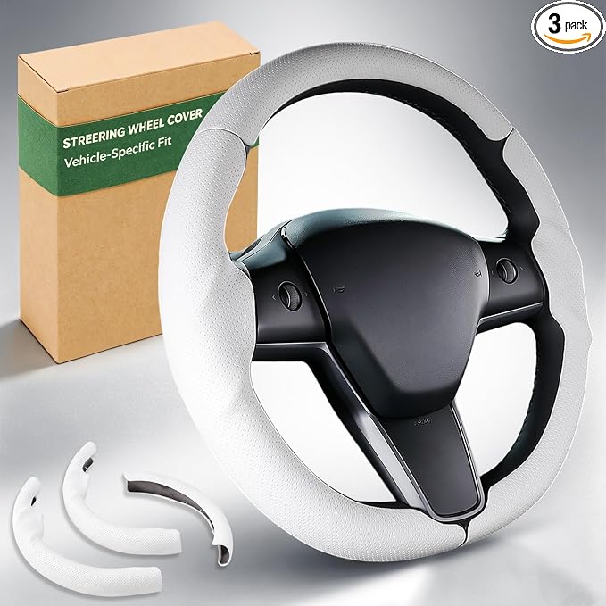 Steering Wheel Cover for Tesla Model 3 (2017-2023) / Model Y (2020-2024),Anti-Slip,Comfortable Grip, Breathable,Customized for Tesla Model 3/Y Accessories,Nappa White