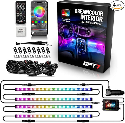 OPT7 Aura DreamColor RGB-IC LED Car Interior Light Strips, 4PC Neon Ambient Lighting Kit with APP & Remote, 12V Music Color Chasing Lights for SUV Truck Van, Under Dash Decor