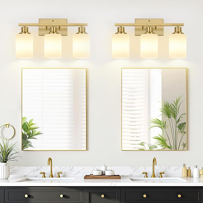 MOKATNG 3-Light Bathroom Light Fixtures, Brushed Gold Vanity Light with Milky White Shades, Bathroom Lighting Fixtures Over Mirror, Modern Bathroom Wall Lamp for Mirror Living Room Cabinet Bedroom
