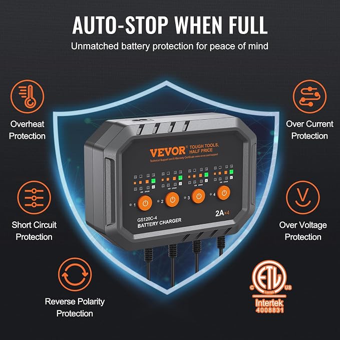 VEVOR Smart Battery Charger, 2A x 4, LiFePO4 Lead-Acid (AGM/Gel/SLA) Car Battery Charger, Fully-Automatic Charger Maintainer Desulfator for Boat Motorcycle Lawn Mower Golf Cart Marine Deep Cycle