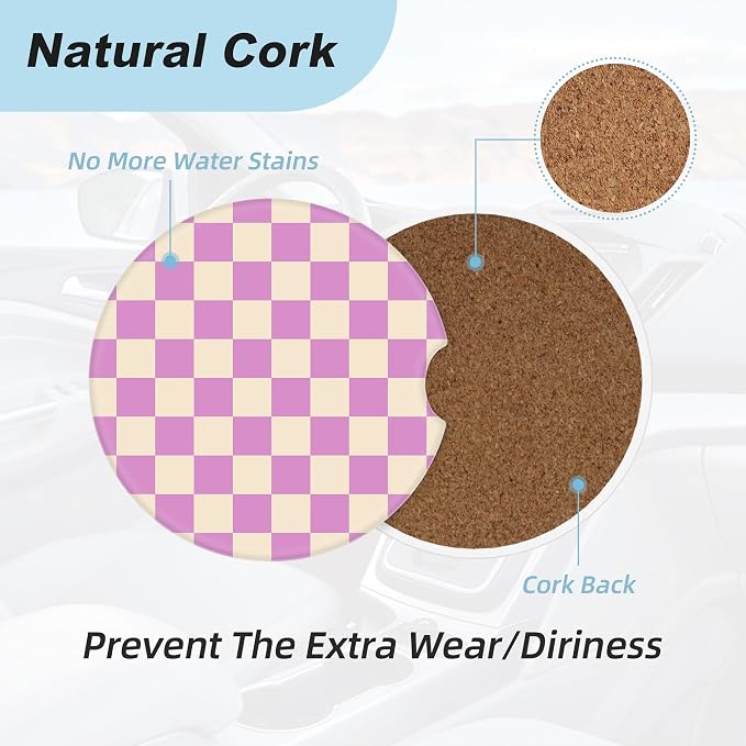 Purple Checkered Car Coasters for Cup Holders,2 Pack Car Cup Holder Coasters for Car,Ceramic Absorbent Car Coaster with A Finger Notch and Cork Base,Car Interior Accessories for Women Men