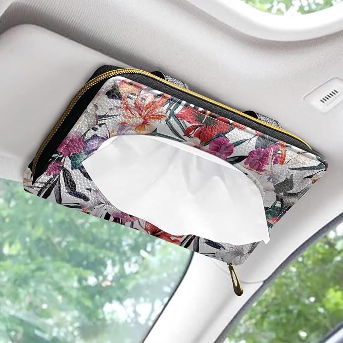 Tropical Floral Car Tissue Box Sun Visor Napkin Holder PU Leather Tissues Box Cover Universal Car Tissue Holder for Car Sedans SUV