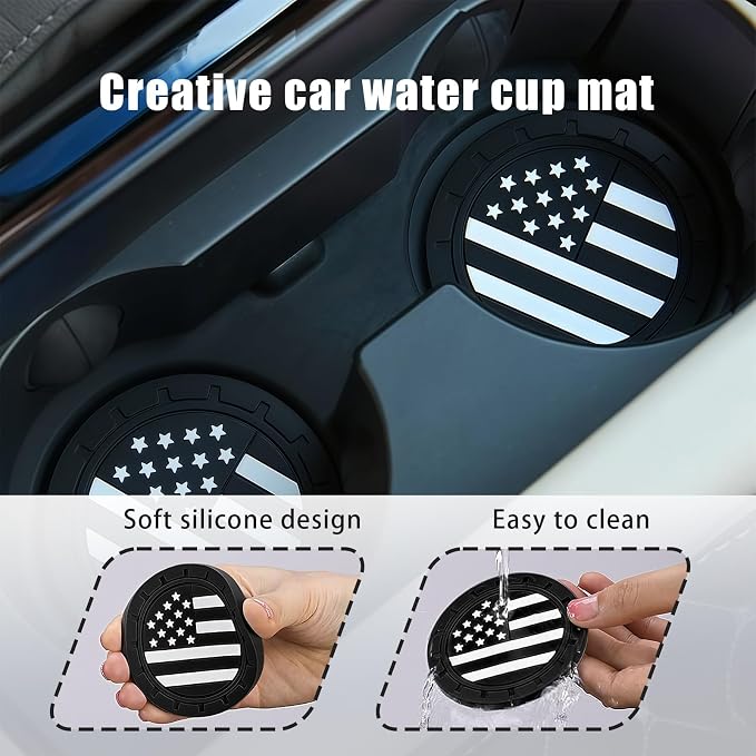 4 PCS American Flag Car Cup Holder Coasters, Non-Slip Insert Car Cup Coasters, Waterproof Drink Mat Automotive Interior Accessories, Universal for Vehicles, Trucks, SVUs (Black)
