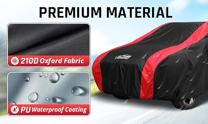 SUV Cover Waterproof All Weather Protection with Red Stripe Design, Car Cover Universal Fit Ford Explorer, Toyota Highlander, Honda Pilot, Acura MDX, BMW X5 X6, Lexus RX, Audi Q7