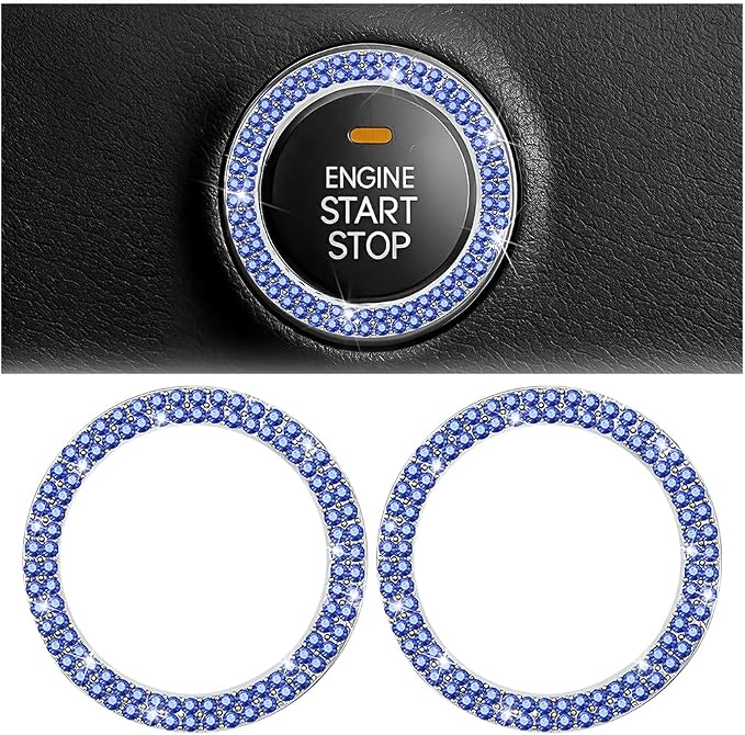 Bling Car Engine Start Ring Decals, 2PCS Sparkling Crystal Rhinestone Vehicle Push to Start Button Sticker, Diamond Auto Key Ignition Knob Decorative Ring, Universal for Vehicles (Light Blue)
