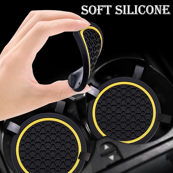 2-Piece Anti-Slip Car Cup Coaster Set – 2.75 Inch Auto Insert Drink Mats, Perfect for Coffee & Beverages – Stylish Interior Decor for Women & Girls (Black & Yellow)