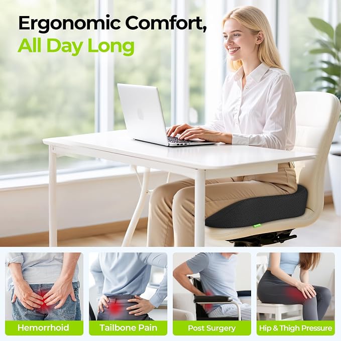 AUVON Ergonomic Donut Pillow Seat Cushion for Hemorrhoid & Back Pain Relief | Thick Memory Foam Chair Cushion with Firm Support for Tailbone, Sciatica, Pressure Sores, Pregnancy, Postpartum Recovery