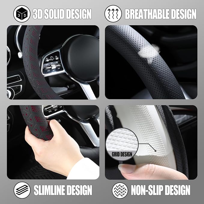 3D Soft 15 inch Leather D Shape Steering Wheel Cover Black Red | Breathable Anti-Slip Premium Skin-Feel Perforated Thin Nappa Leather, Universal 14.5 inch to 15 inch