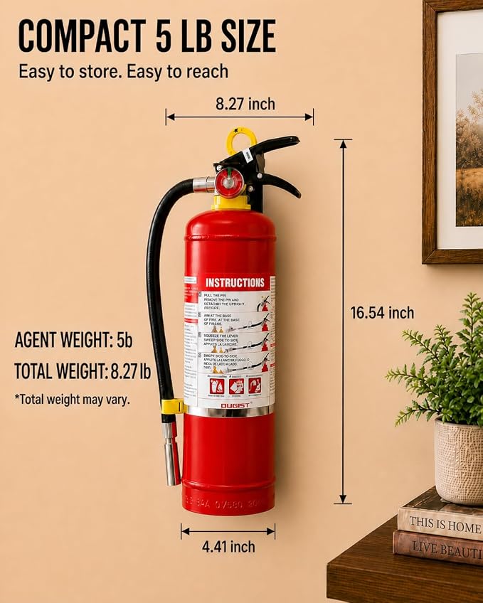 Ougist ABC Dry Chemical Fire Extinguisher, 5 lb – 2-A:10-B：C Rated for Home, Office & Vehicle, Quick Release, Easy-Grip Handle, Ideal for Electrical & Grease Fires, Car Extinguisher, Model FF2KG