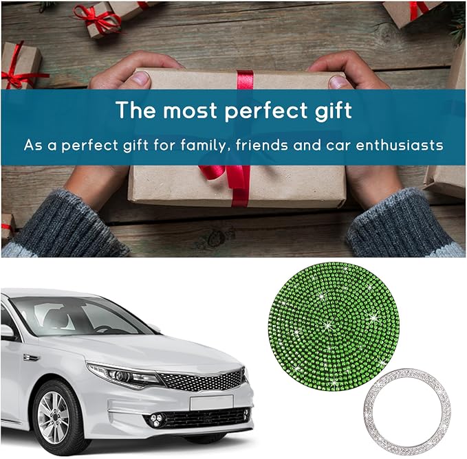 Ziciner 2 Pack Bling Car Cup Holder Coaster, Anti-Slip Auto Insert Coaster with Start Stop Button Cover, Universal Shiny Crystal Vehicle Interior Accessories for Women and Girls (Light Green)