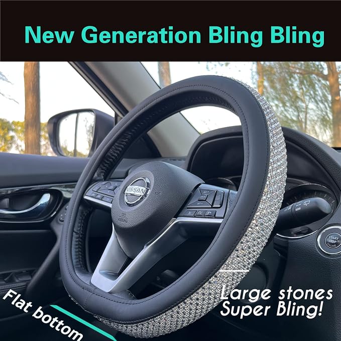 PINCTROT D Shaped Bling Comfy Steering Wheel Cover with Jumbo Crystal Rhinestones, Anti-Slip Diamond Leather, Flat Bottom 14.5-15 Inch (Silver)