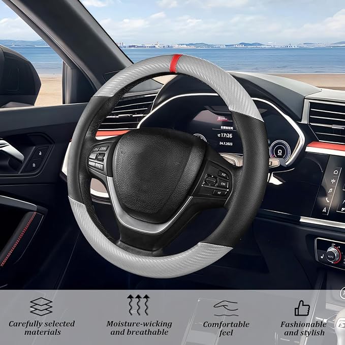 Carbon Fiber Car Steering Wheel Cover, Leather Breathable Automotive Wheel Protector, 15 Inch Anti-Slip Vehicle Interior Steering Accessories, Universal for SUV Truck Sedan (Silver Gray)