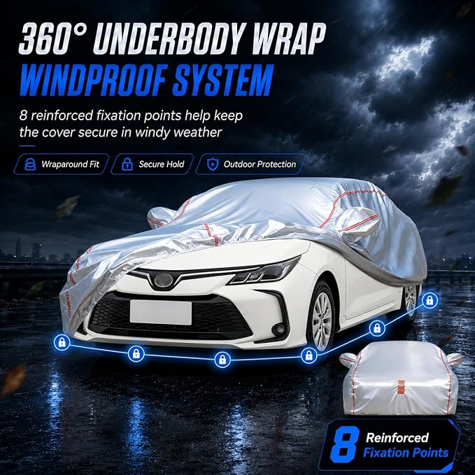 Waterproof All Weather Heavy Duty Vehicle Cover, 360° Underbody Wrap Windproof Design, Quick Install Outdoor Cover,（for Toyota Corolla 1991-2025）