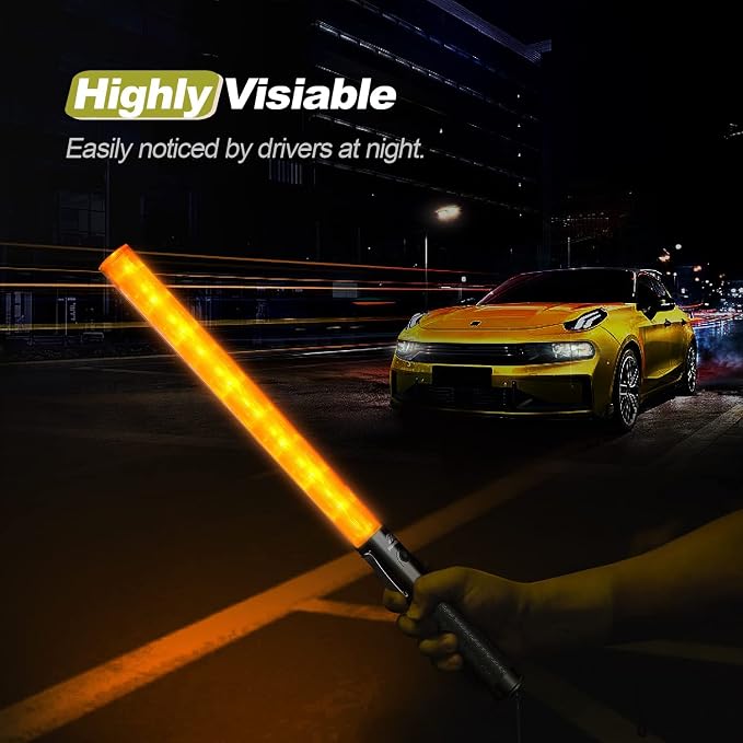 RoadHero 2 Pack 21 Inch Traffic Wand, Yellow Led Traffic Control Baton, Night Safety Light Wands with 2 Flashing Modes, Air Marshaling Signal Wand with Side Clip for Airport, Parking, Car Directing