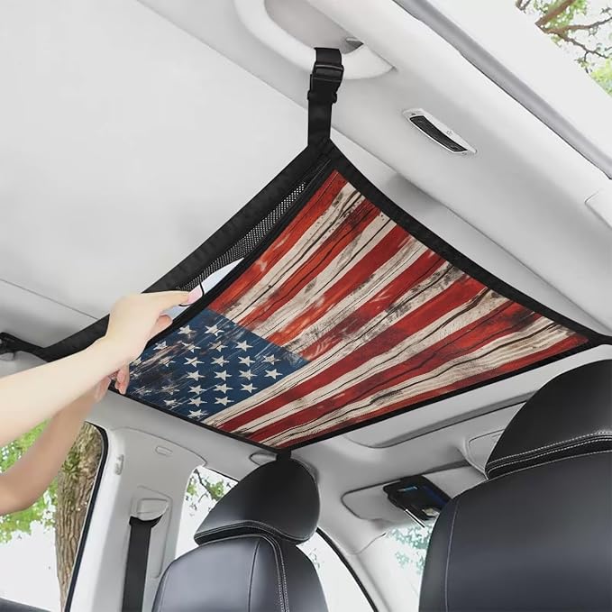 Dreaweet Wood Grain American Flag Car Ceiling Cargo Net Pocket Storage Net Patriotic Interior Car Roof Cargo Net for SUV Mini Van Truck Sedan Double-Layer and Load-Bearing Car Ceiling Organizer Net