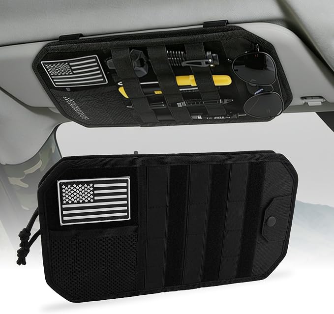 Car Sun Visor Organizer, Tactical Molle Panel Visor Storage Organizer with Sunglasses Holder for Police Gear & Overland Accessories, Universal Fit for Trucks, SUVs, Jeeps & Patrols, Black