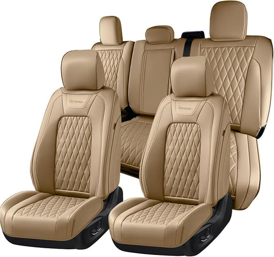 Coverado Premium Leather Truck Seat Covers Full Set – Custom Fit, Waterproof, Heavy Duty, Anti-Spill, Scratch Resistant Protector for Ford F150 2015-2026, F250-F450, Beige